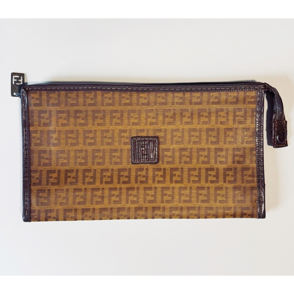 Fendi Zucca FF Logo Monogram Brown Canvas w/ Leather Trim Large Pouch Clutch Bag - Picture 1 of 9